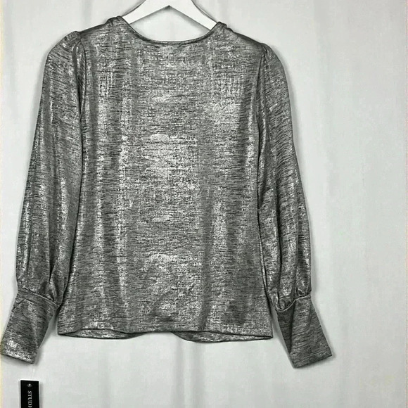 Studio Womens Top Metallic Silver S Long Sleeves Deep Cuff Center Ruching Dressy - Picture 11 of 13
